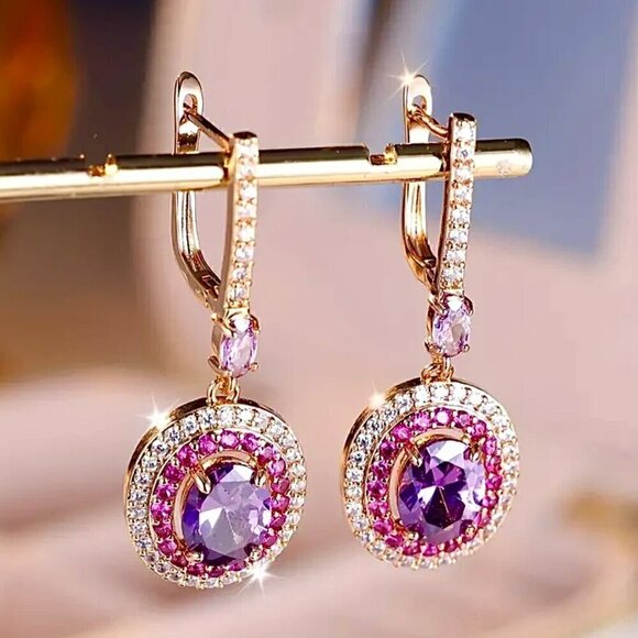 NWT Vintage Style Crystal Huggie Drop Earrings 14K Gold Plated Pink Purple - Picture 9 of 10